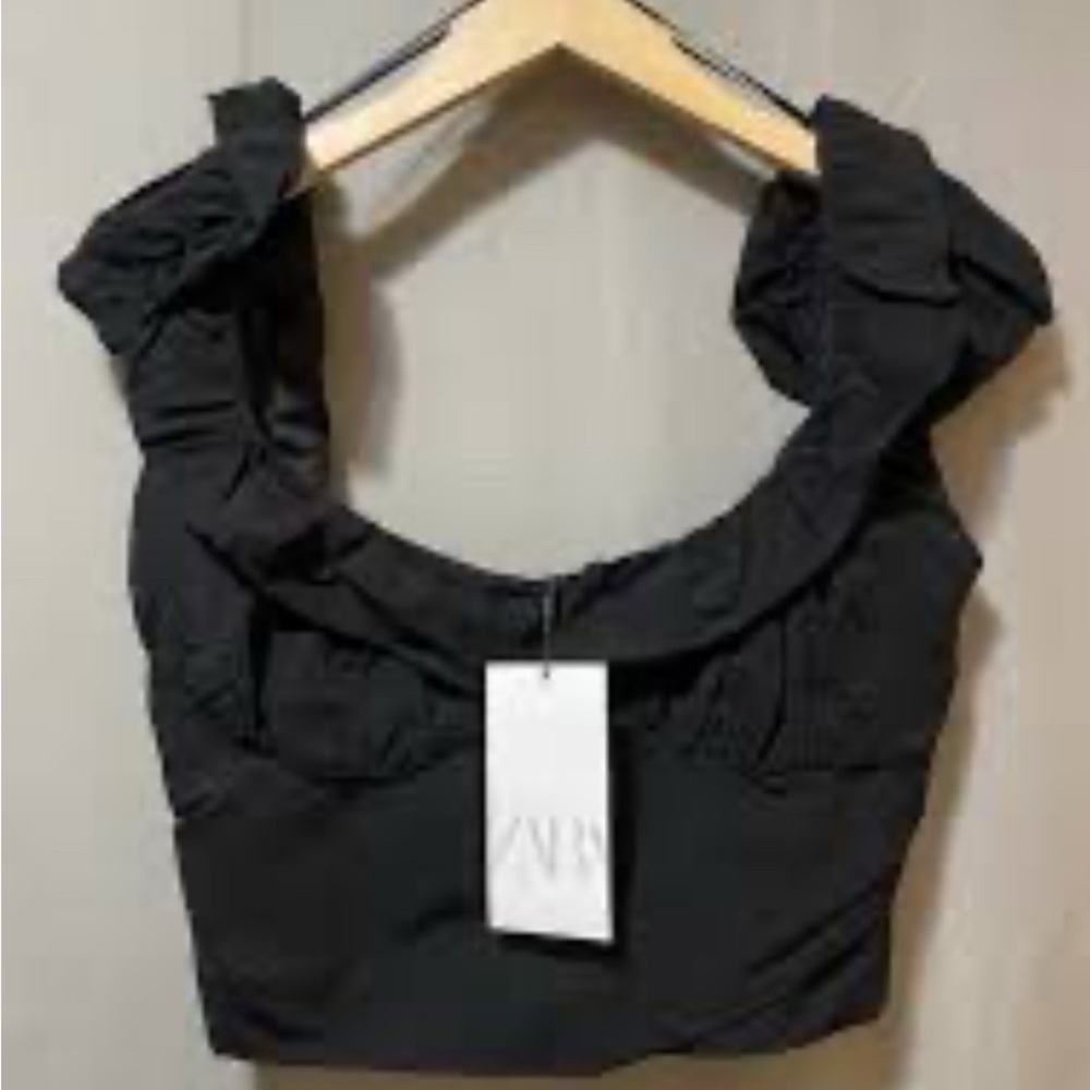 NWT Zara Black Ruffle Crop Top Ruffed - Picture 5 of 8